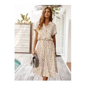 SHEIN Dalmatian Print Drawstring Waist Dress Orange/White Size Small